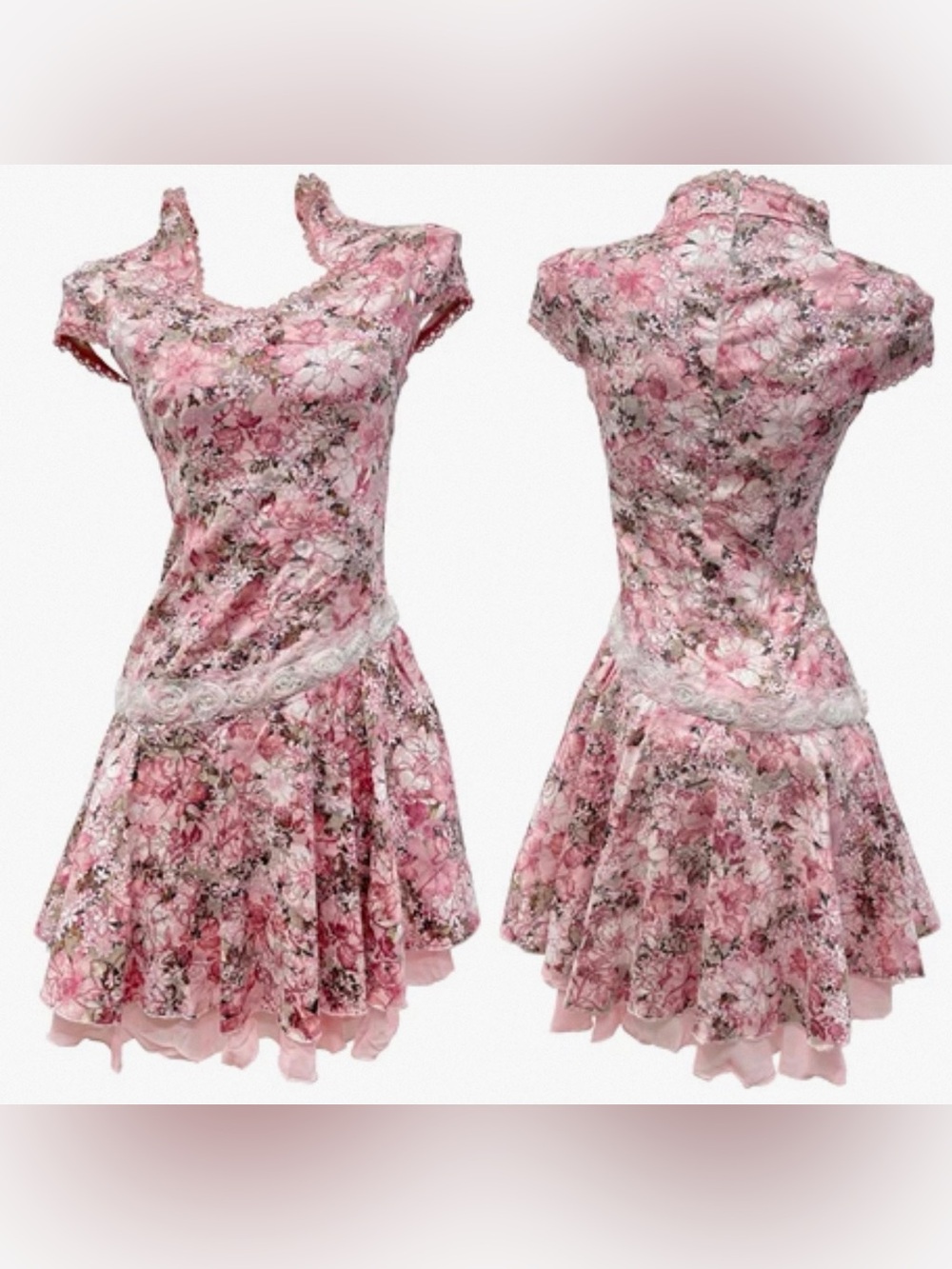 Vintage NWT Pink Floral Qipao Inspired Mini Dress Coquette Fairycore US S